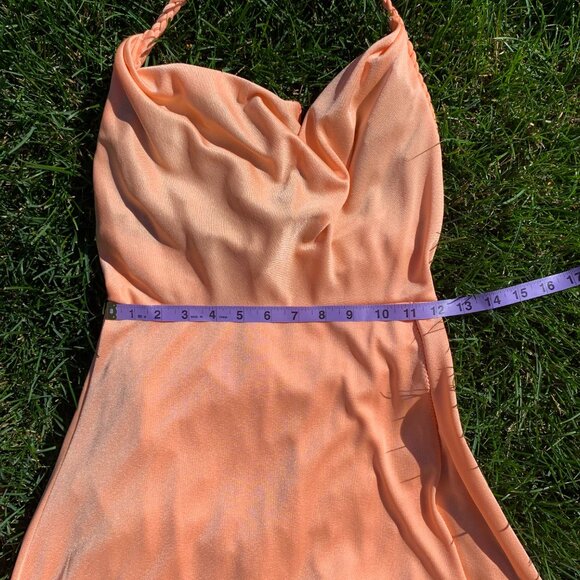 Vintage 70s Tangerine Peach Cowl Neck Wrap Halter Maxi Dress Prom Gown - Picture 15 of 16